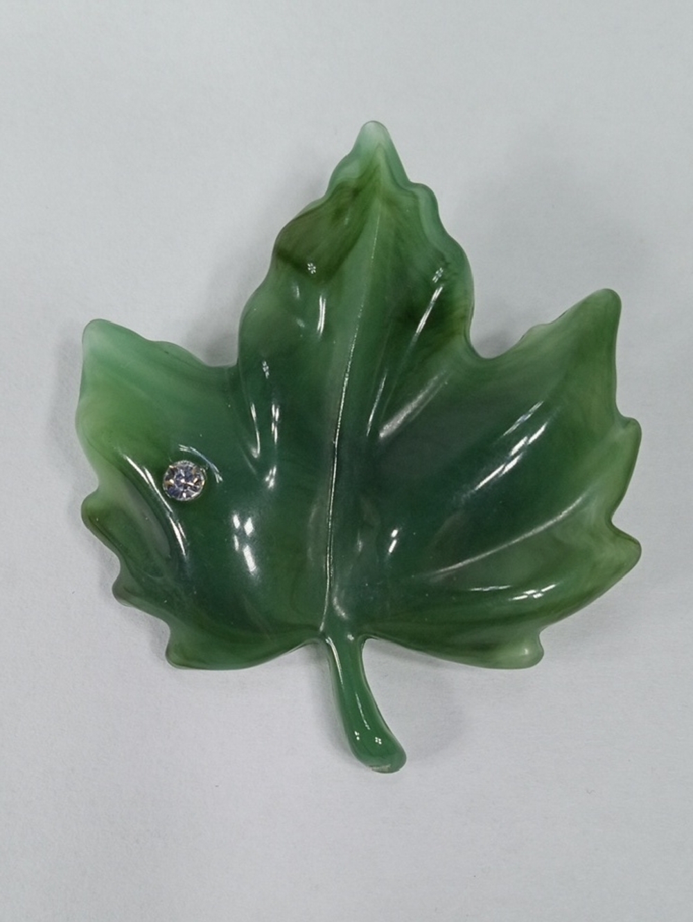 Vintage Avon Maple Leaf Brooch In Green Lucite With Single Rhinestone Accent